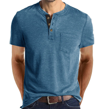 Herren T-Shirt Henley Style Knopfleiste Brusttasche Casual