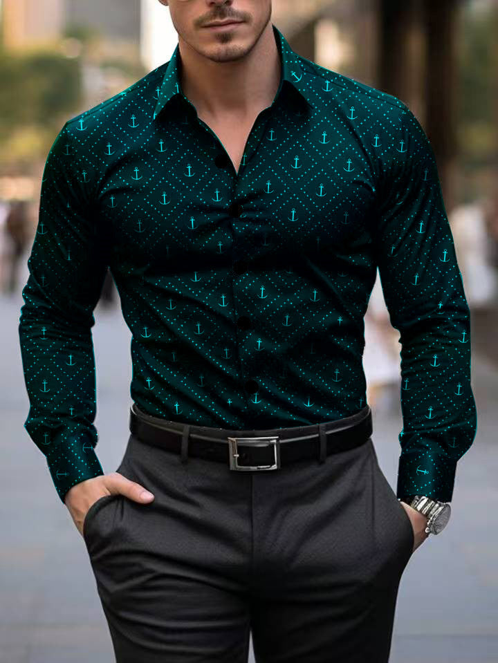 Herren Langarmhemd Maritim Anker Motiv Modern