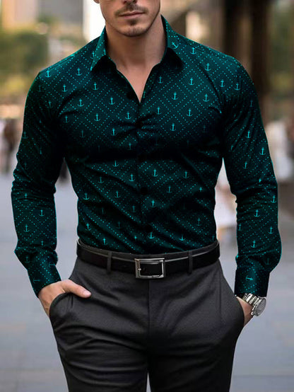 Herren Langarmhemd Maritim Anker Motiv Modern