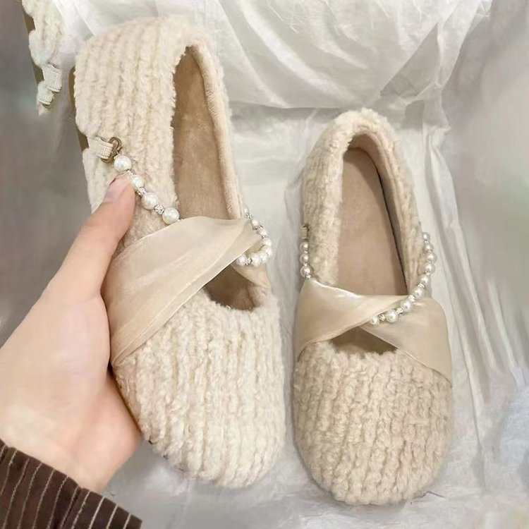 Damen Pantoffeln Flauschig Weich mit Perlenverzierung