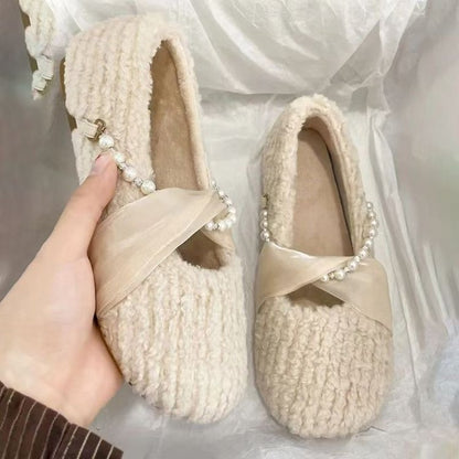 Damen Pantoffeln Flauschig Weich mit Perlenverzierung