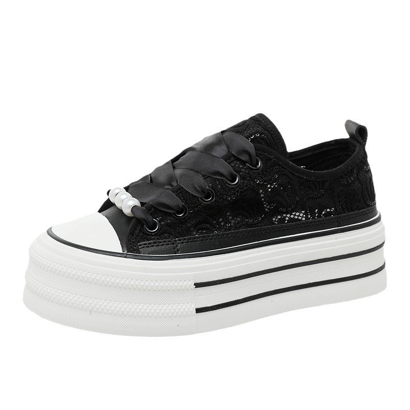 Damen Plateausneaker Elegantes Design Spitze Schwarz