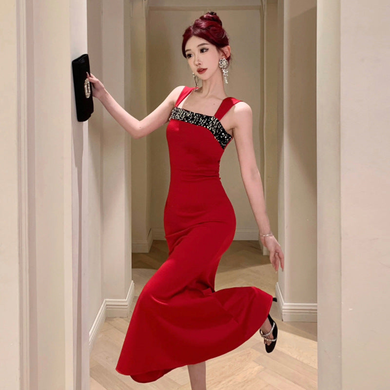 BerlinGlamour Trägerkleid mit Patchwork-Pailletten und quadratischem Ausschnitt
