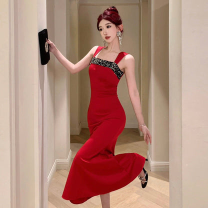 BerlinGlamour Trägerkleid mit Patchwork-Pailletten und quadratischem Ausschnitt