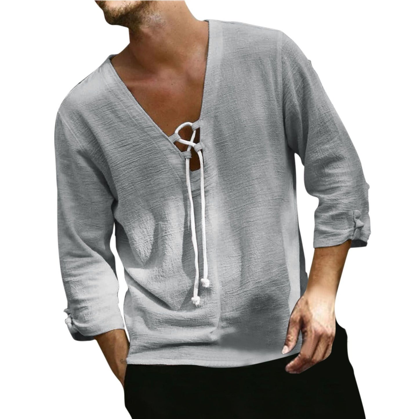 Herren Langarmhemd V-Ausschnitt Schnürung Modern Style