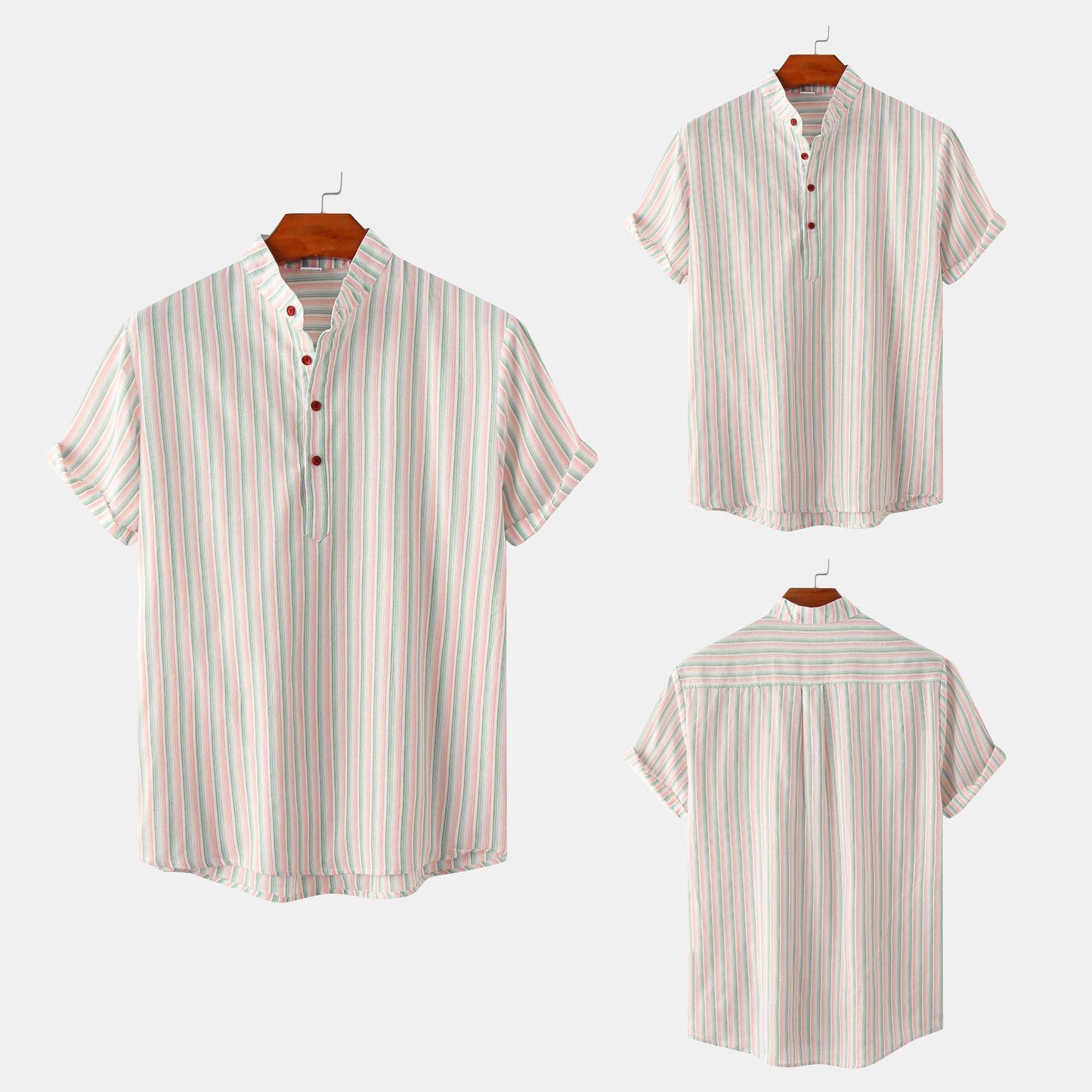 Herren Hemd Kurzarm Modern Stehkragen Streifenmuster Slimfit - BerlinGlamour