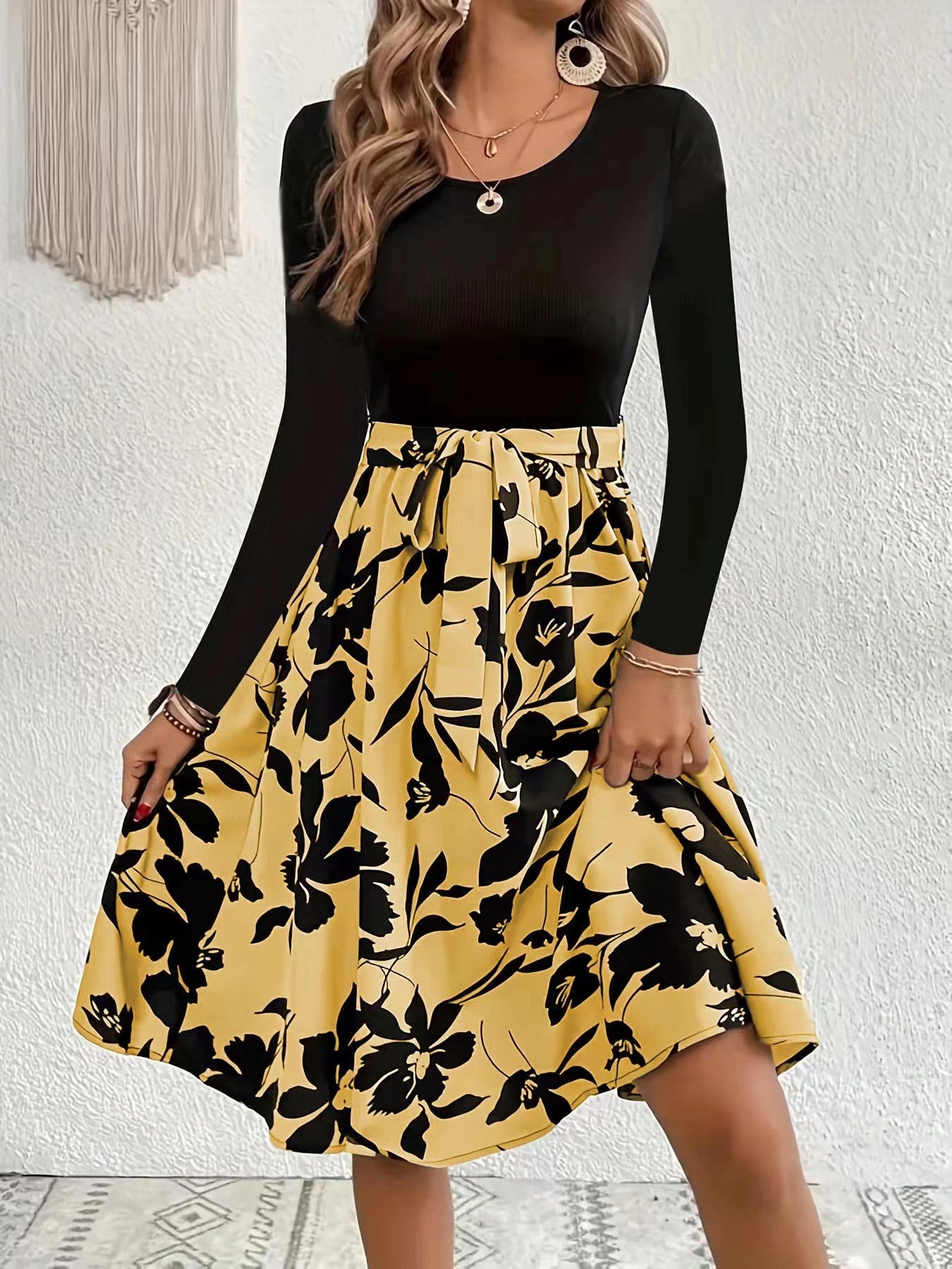 Damenkleid Elegantes Midikleid Floral Gesmoktes Oberteil Damenmode