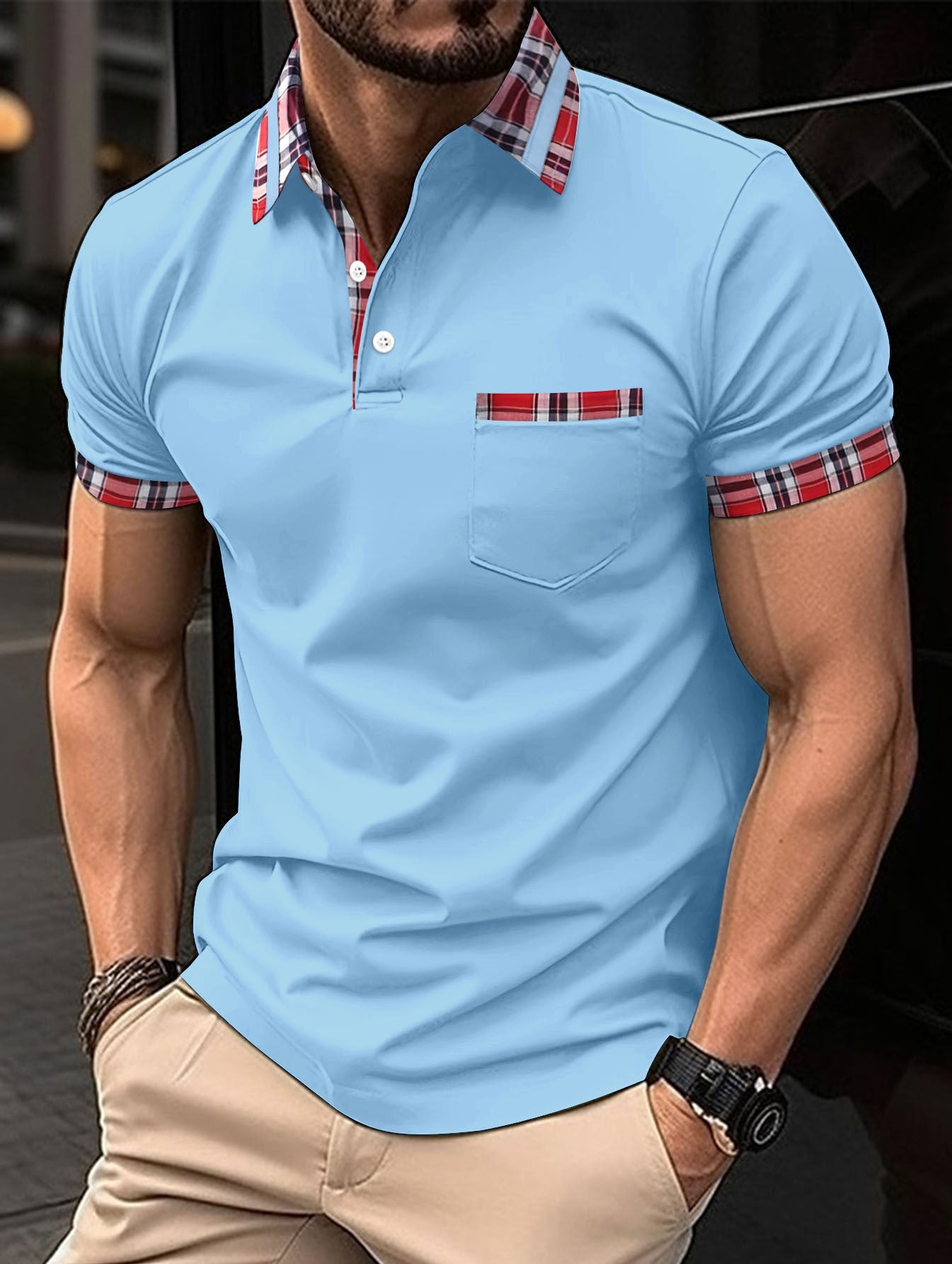 Herren Polo Shirt Kurzarm Modern mit Karo Muster