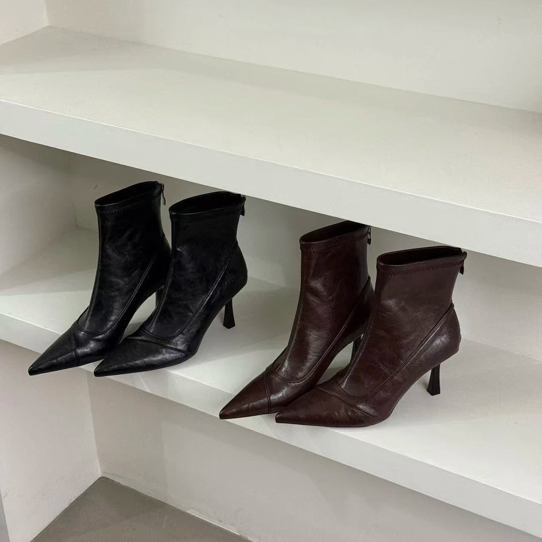 Damen Stiefeletten Leder Elegant Spitze Absatz Schuhe