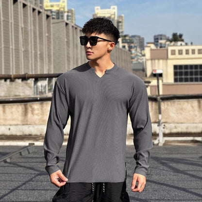 Herren Langarmshirt Stehkragen Modern Rippdesign - BerlinGlamour