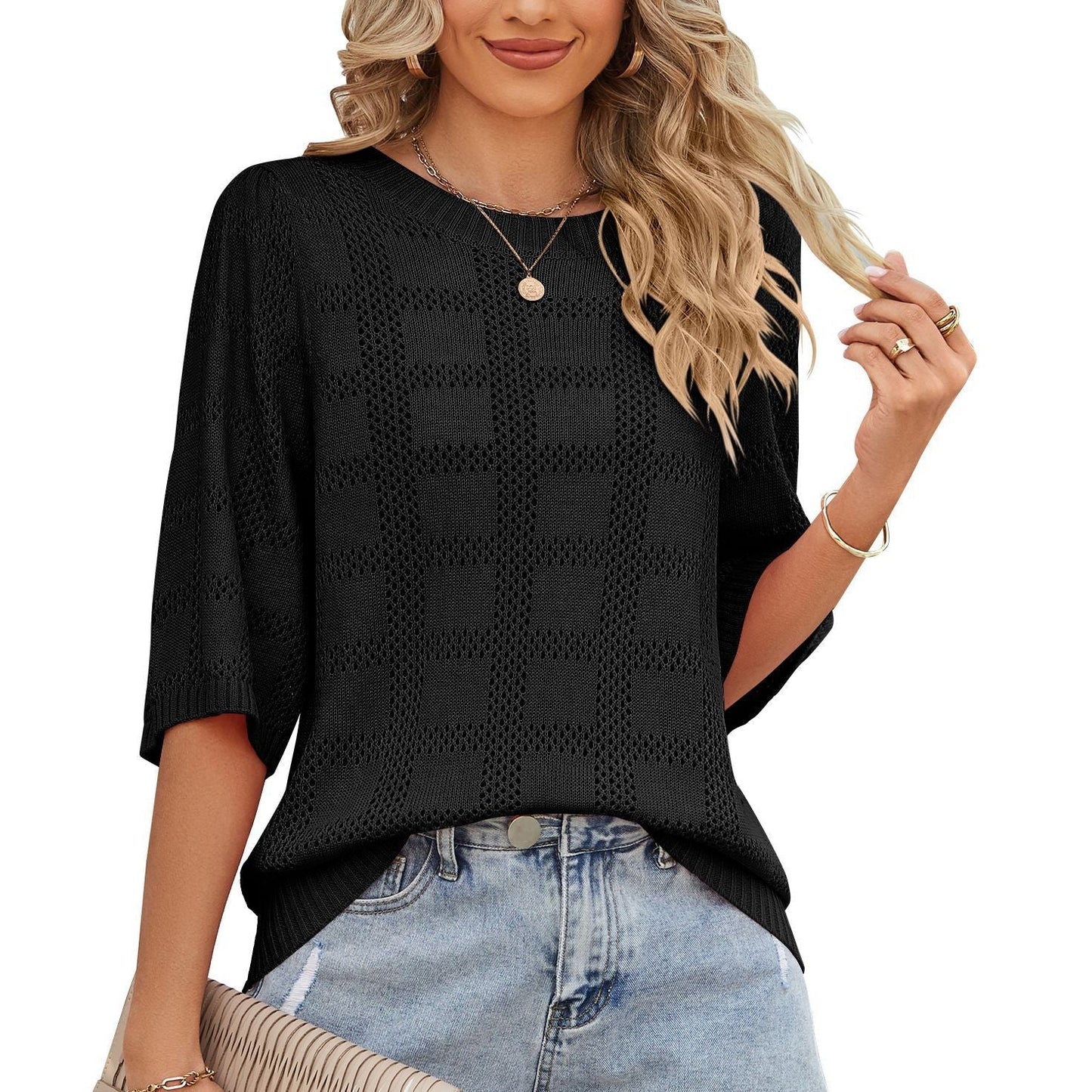 Damen Stricktop Weit Modern Lochmuster Oberteil
