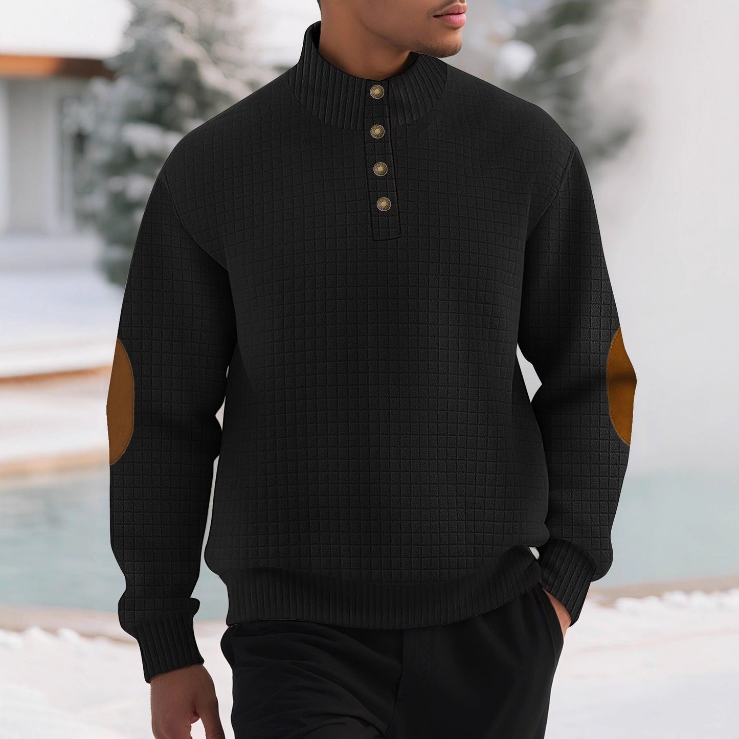 Herren Pullover Stehkragen Modern Leder Optik