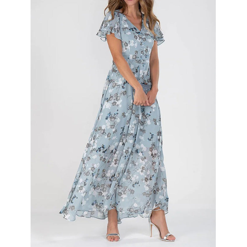 Damen Maxikleid Lang Florale Blumen Chiffon Kleid