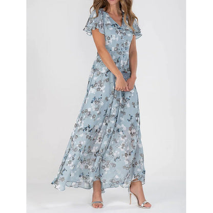 Damen Maxikleid Lang Florale Blumen Chiffon Kleid