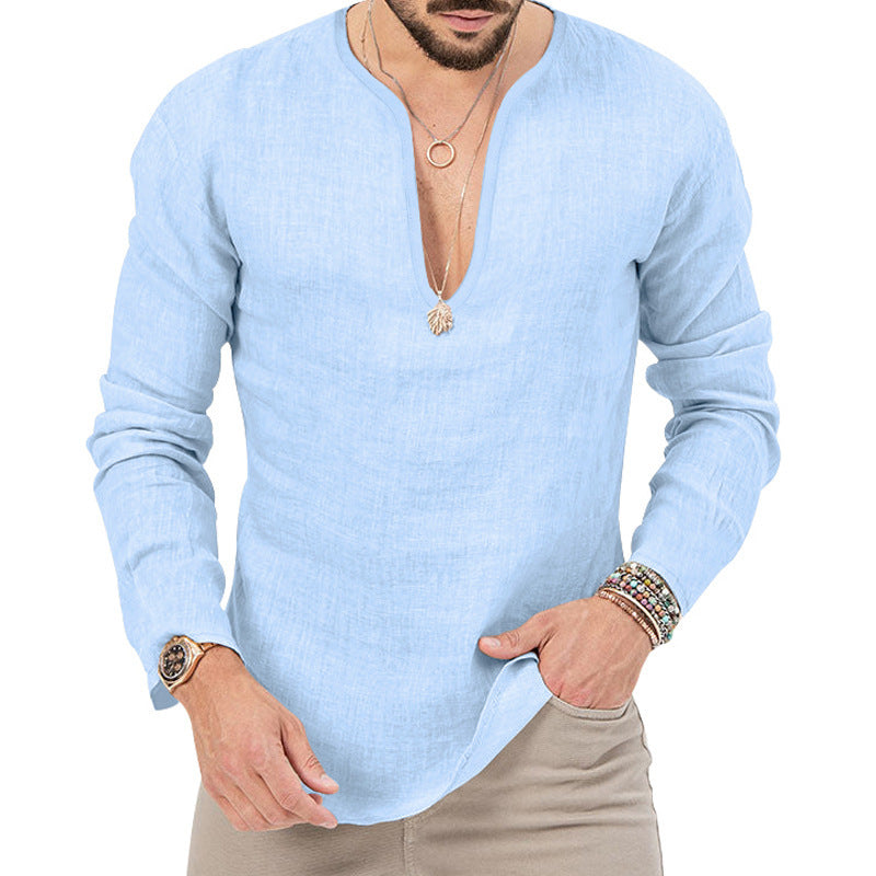 Leinen-Hemd Herren Baumwolle Relaxed Fit V-Ausschnitt