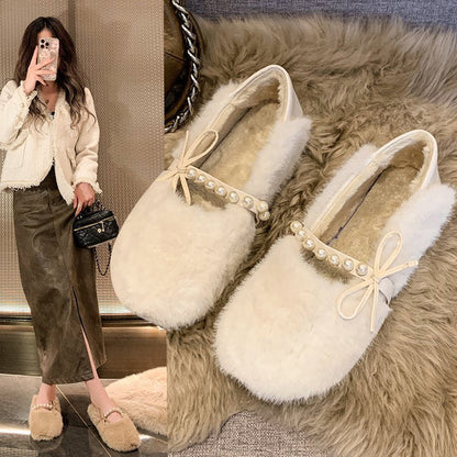Damen Hausschuhe Weich Fell Perlen Elegance