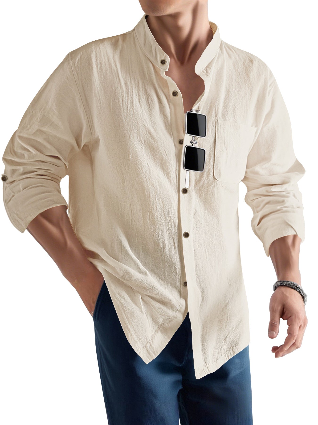 Herren Langarmhemd Slim Fit Henley Ausschnitt Modern