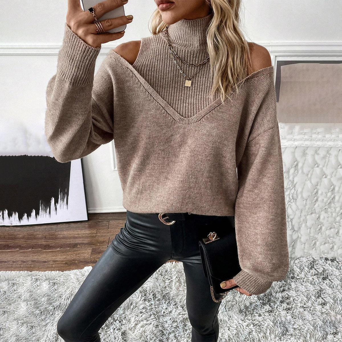 Damen Rollkragenpullover Off-Shoulder Strickweite Frauen - BerlinGlamour