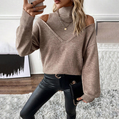 Damen Rollkragenpullover Off-Shoulder Strickweite Frauen - BerlinGlamour