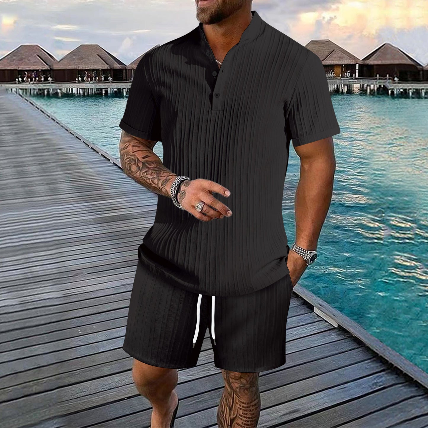 Herren Freizeitanzug Struktur Oberteil Lässige Shorts