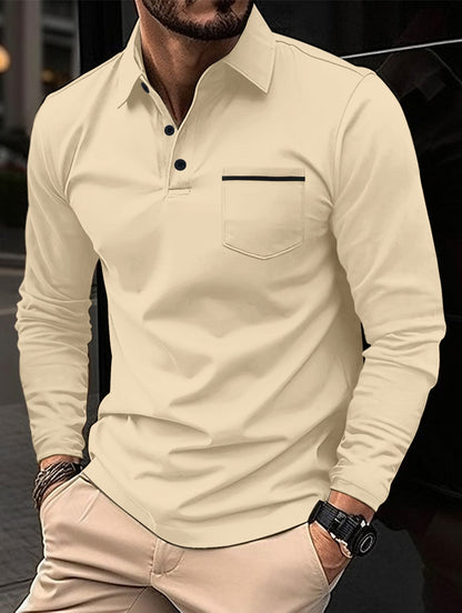Herren Polohemd Langarm mit Stehkragen und Brusttasche Modern
