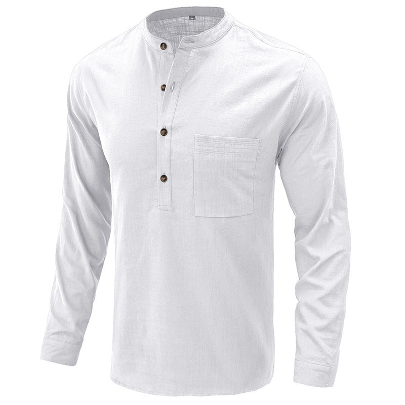 Herren Leinenhemd mit klassischem Henley-Ausschnitt und praktischer Brusttasche BerlinGlamour, ideal für den modernen Online-Shop.
