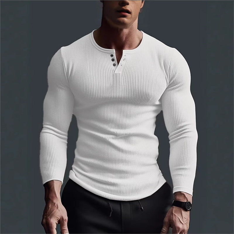 Herren Langarmshirt Slim Fit Rippmuster Knopfleiste