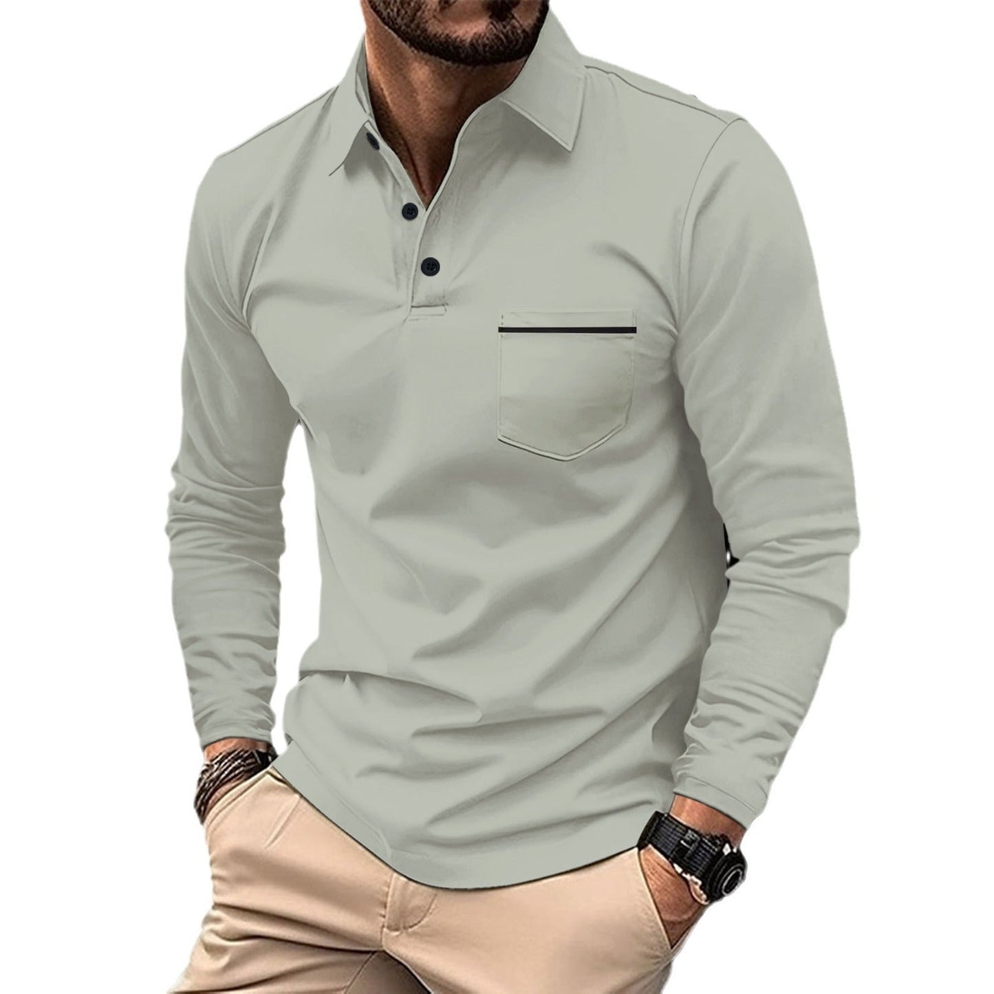 Herren Polohemd Langarm mit Stehkragen und Brusttasche Modern