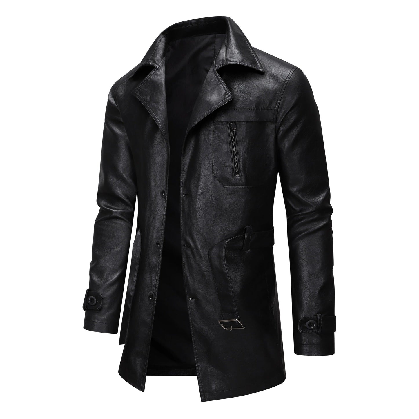Herren Lederjacke Modern mit Gürtel und Taschen Schwarz