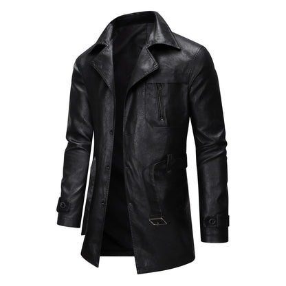 Herren Lederjacke Modern mit Gürtel und Taschen Schwarz