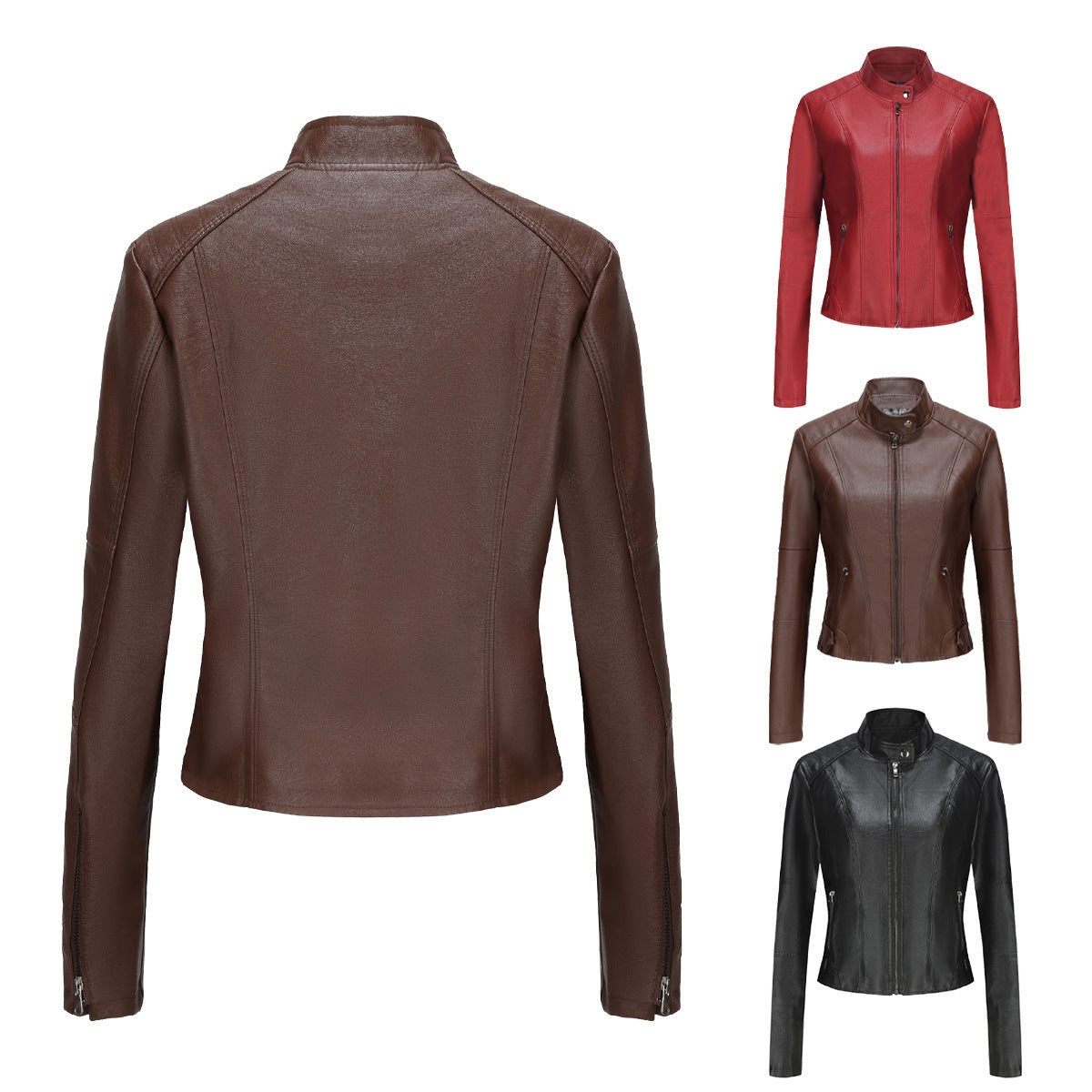 Damen Lederjacke Reißverschluss Taschen Schwarz Lederoptik
