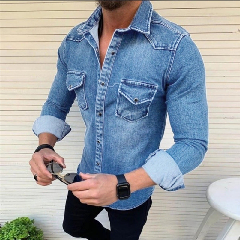 Herren Jeans Hemd Modern Slim Fit mit Brusttasche