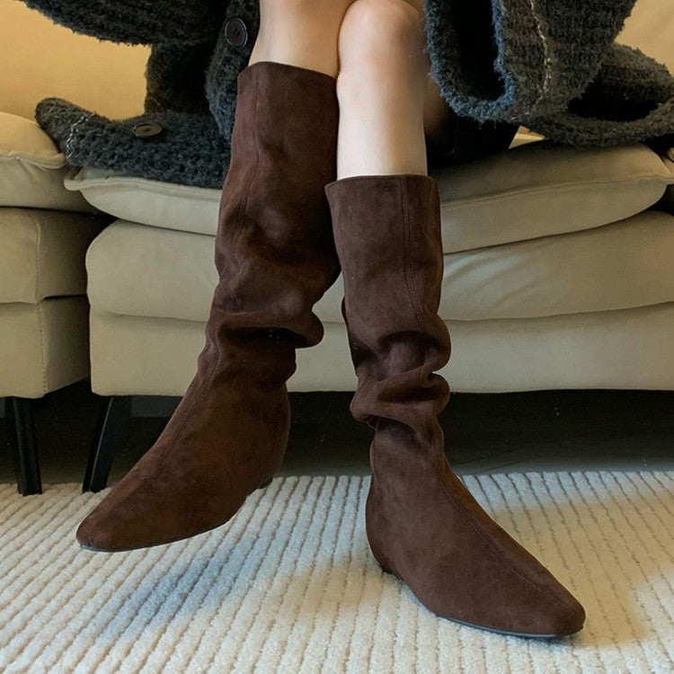 Damen Stiefel Spitz Schuhe Geraffter Schaft Modisch Schwarz