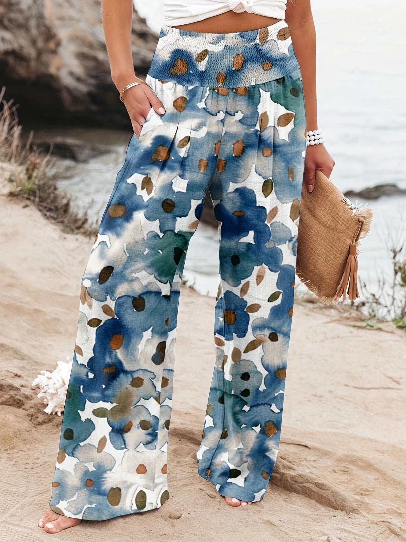 Damen Strandhose Weit Bequem Elastisch Floral