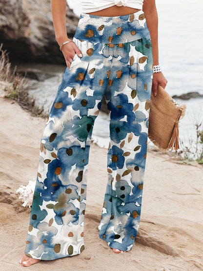 Damen Strandhose Weit Bequem Elastisch Floral
