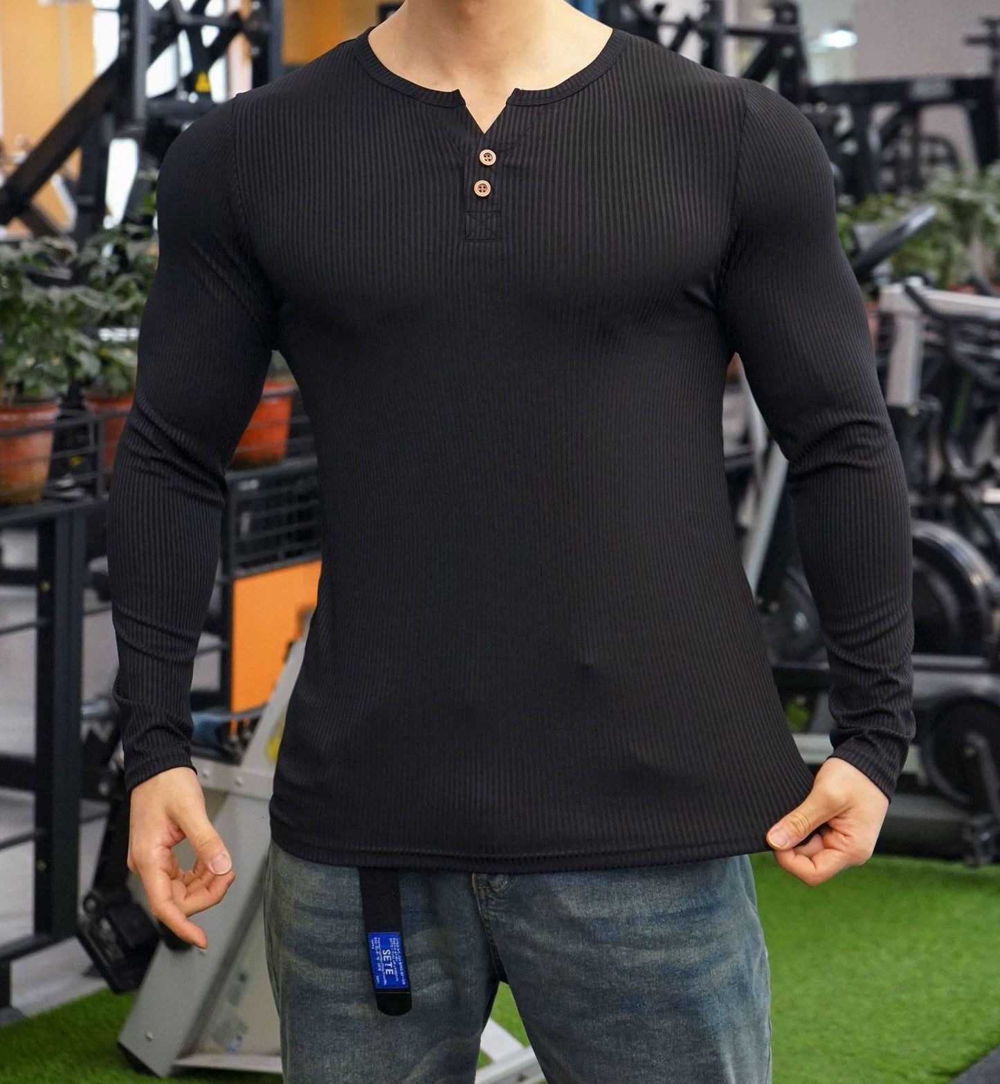 Herren Langarmshirt Strukturiert Knöpfe Modern