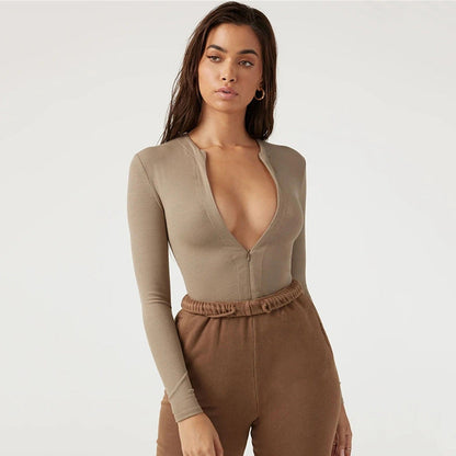 Damen Langarm Bodysuit ReißverschlussSexy
