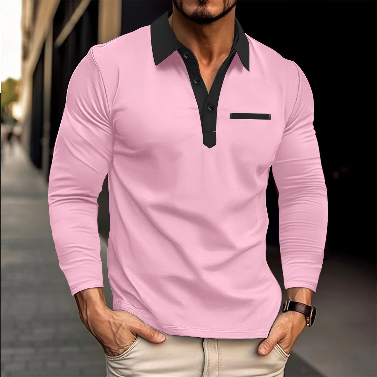 Herren Polo-Shirt Langarm Modern mit Kragen und Tasche