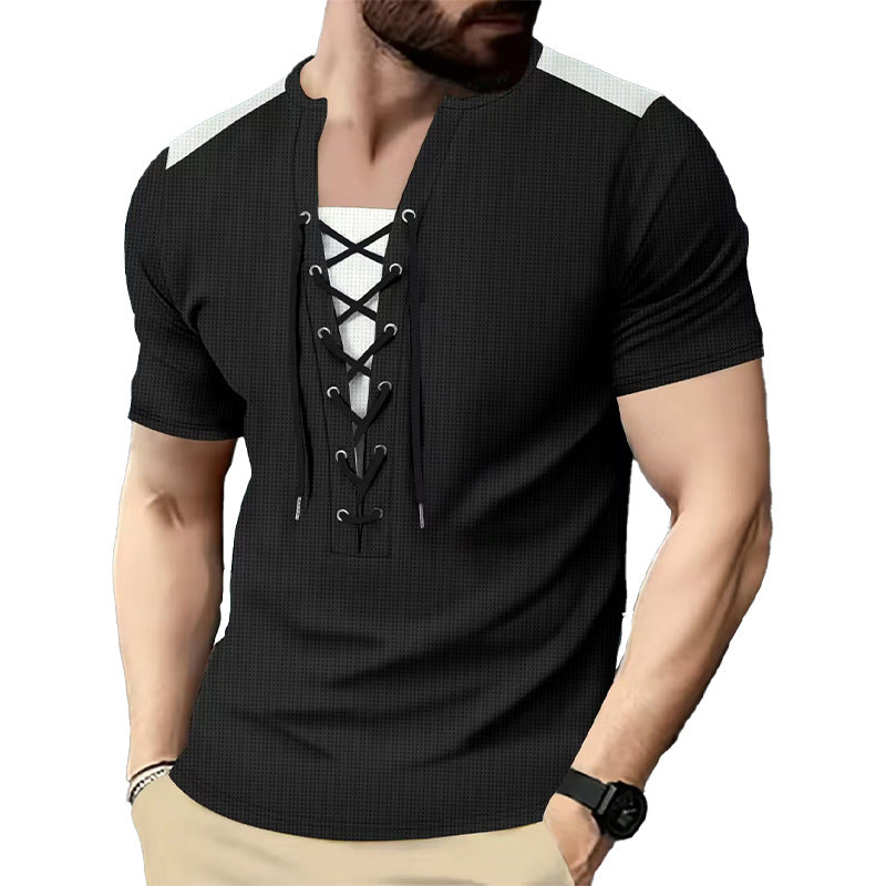 Herren T-Shirt Kurzarm Henley atmungsaktiv Schnürdetail