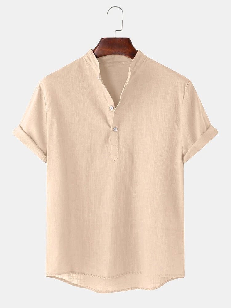 Herren Hemd Kurzarm Modern Henley Ausschnitt Baumwolle