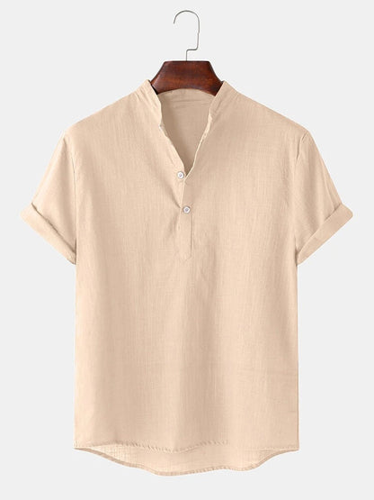 Herren Hemd Kurzarm Modern Henley Ausschnitt Baumwolle