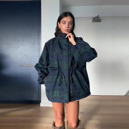 Damen Oversized Jacke Karo Lässig Mit Taschen