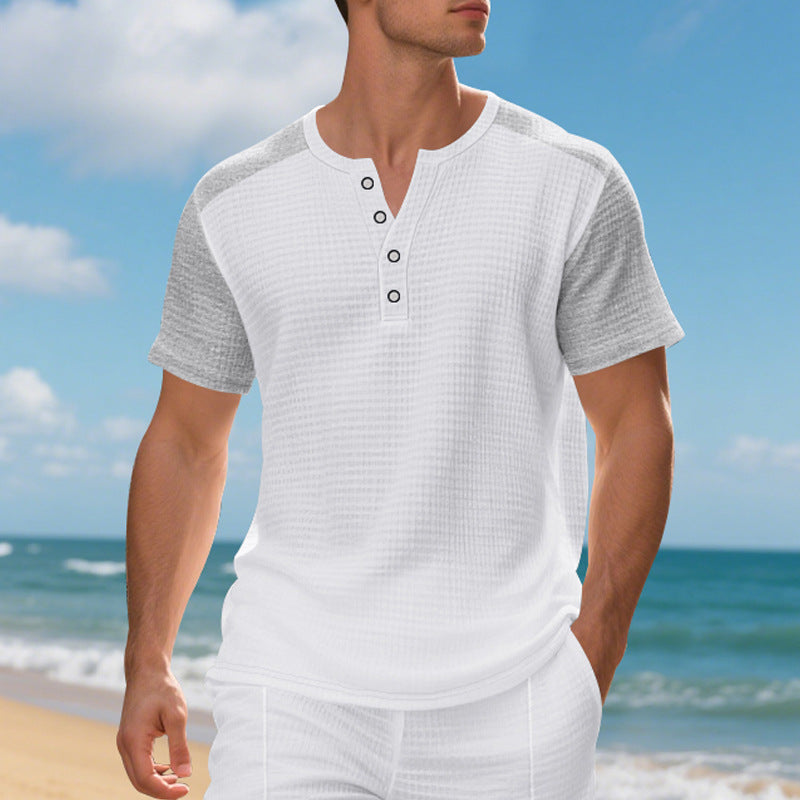 Herren Kurzarmshirt Knopfleiste Modern Strukturiert