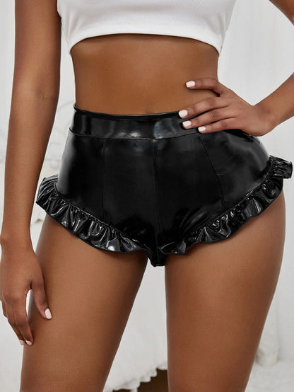 Damen Shorts Hochwertiges Kunstleder Rüschen Detail Höher Bund