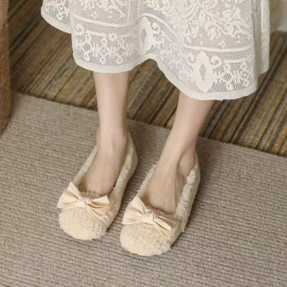 Damen Pantoletten Flauschig Schleifen Design Warm