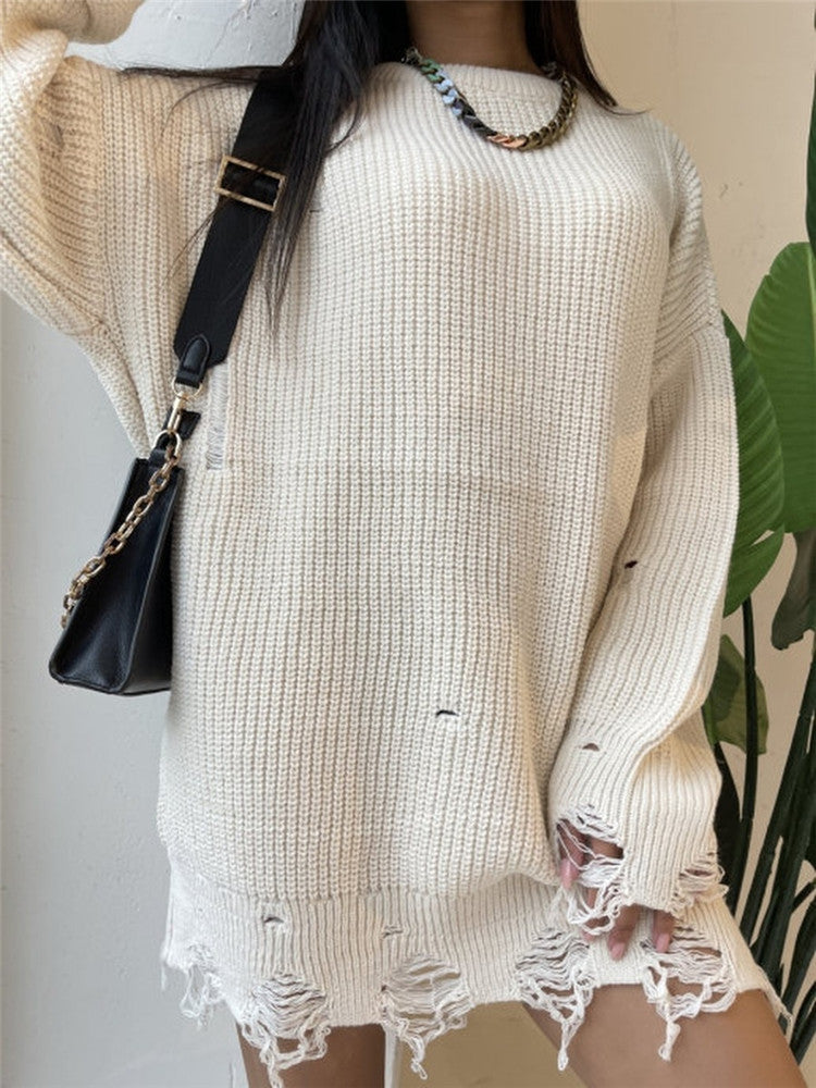 Damen Strickkleid Lang mit Lochmuster und Rundhalsausschnitt