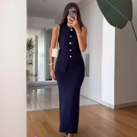 Damen Set Ärmellos mit Knöpfen und Rock Frauen Kleid Set Elegant