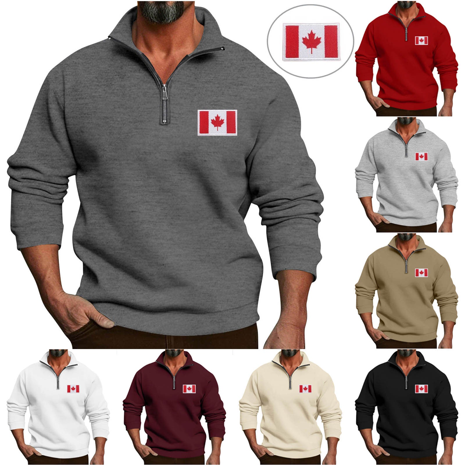 Herren Fleece Pullover Warm mit Halbzipper Kanada Flagge - BerlinGlamour