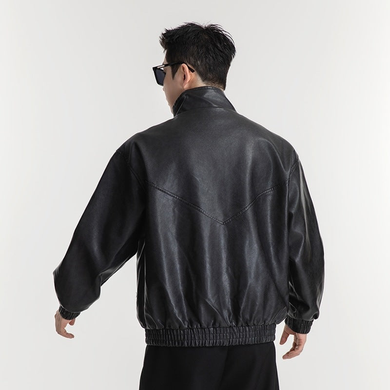 Herren Lederjacke Lässig Schwarzes Kunstleder Mit Taschen