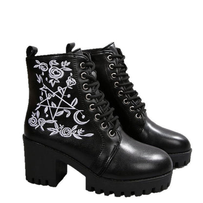 Damen Stiefel Metallic Plateau Blumen Stickerei